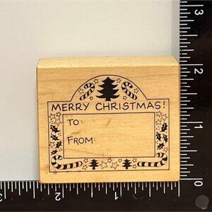 Vintage Merry Christmas Gift Tag Wood mounted Rubber Stamp 1989 PSX E-317